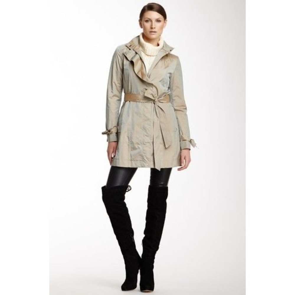 Cole Haan Womens Topaz Champagne Gold Trench Coat Jacket XS Zip Front Belted